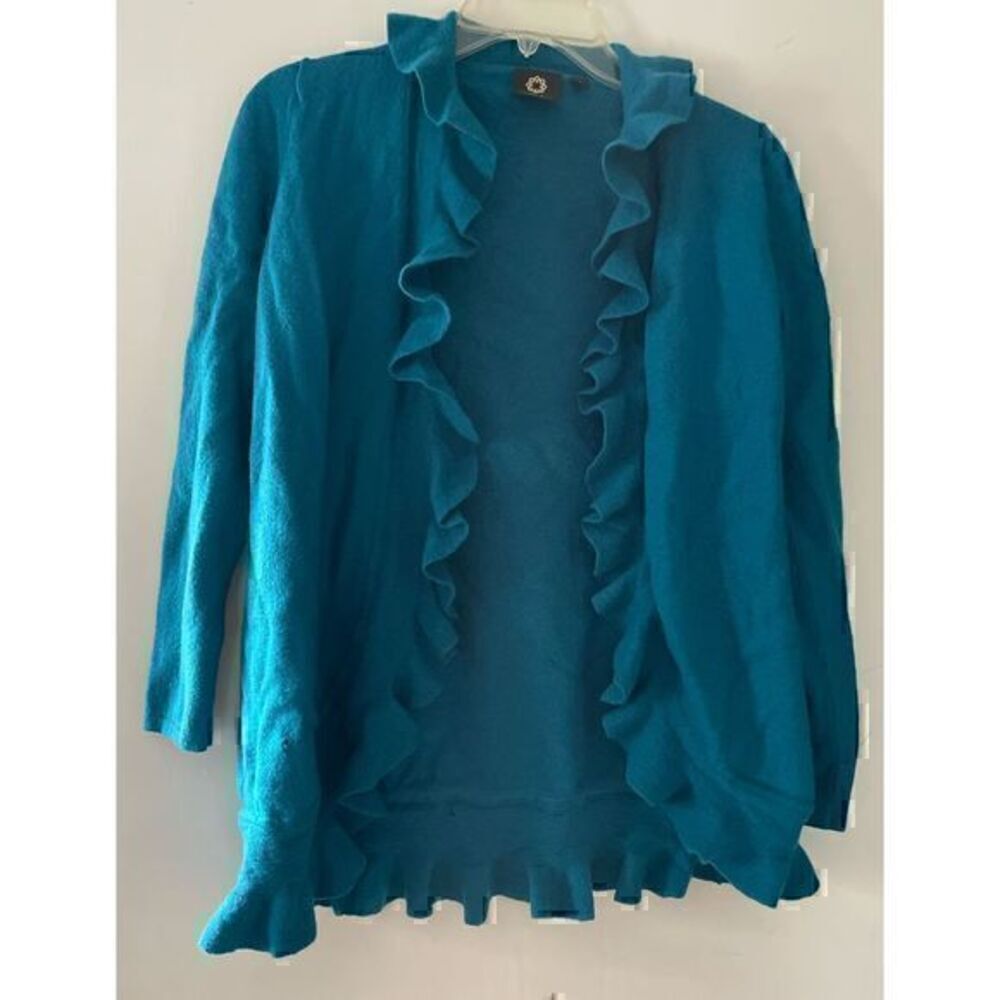 100% Merino Wool Turquoise Cardigan Sweater by Amber Sun Size Medium